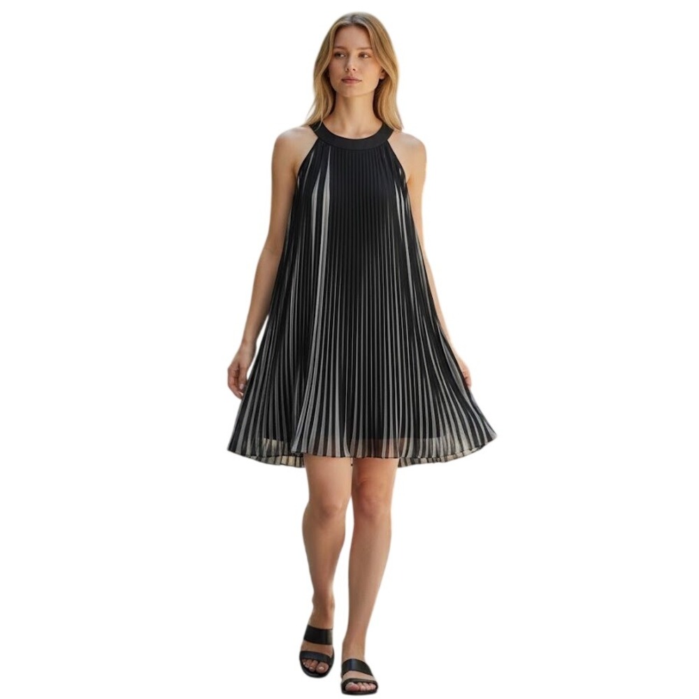 VTG Nicole Miller Pleated Dress Woman L Gold Label Halter Trapeze Cocktail‎ Mini